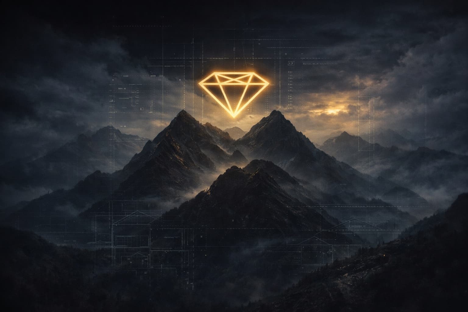 Diamond Elevation — moody mountains with glowing diamond